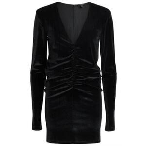AllSaints Anya Dress Velvet V-Neck Long Sleeve Ruched Bodycon Mini Black NWT 2